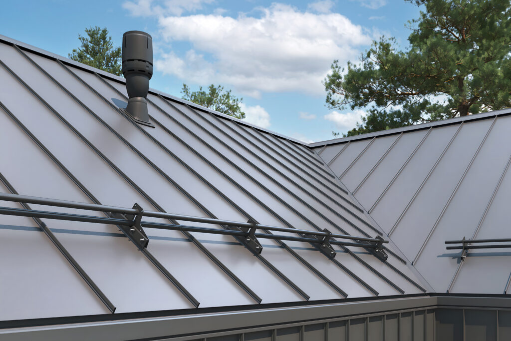Close-up house retro roof panel with standing seam and fasteners. Classic style black metal panel with rebate joint. Modern galvanized steel roofing sheet with ribs. Building's covering