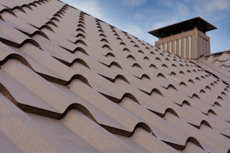 brown metal shingles close up chimney
