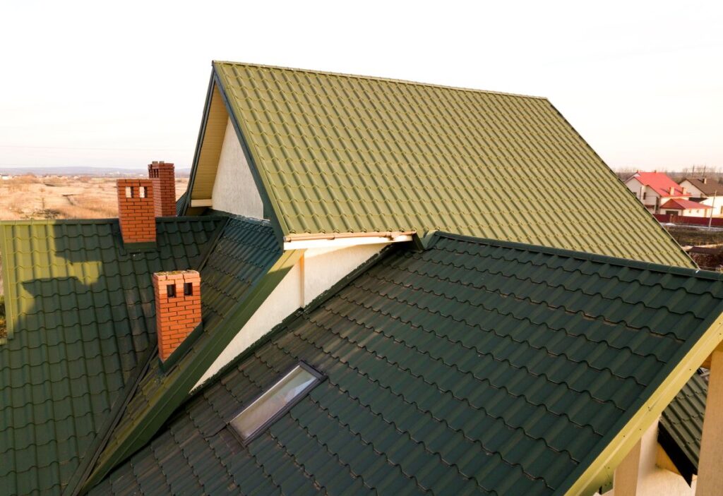 dark green metal shingles and corrugated metal sheet two chimneys