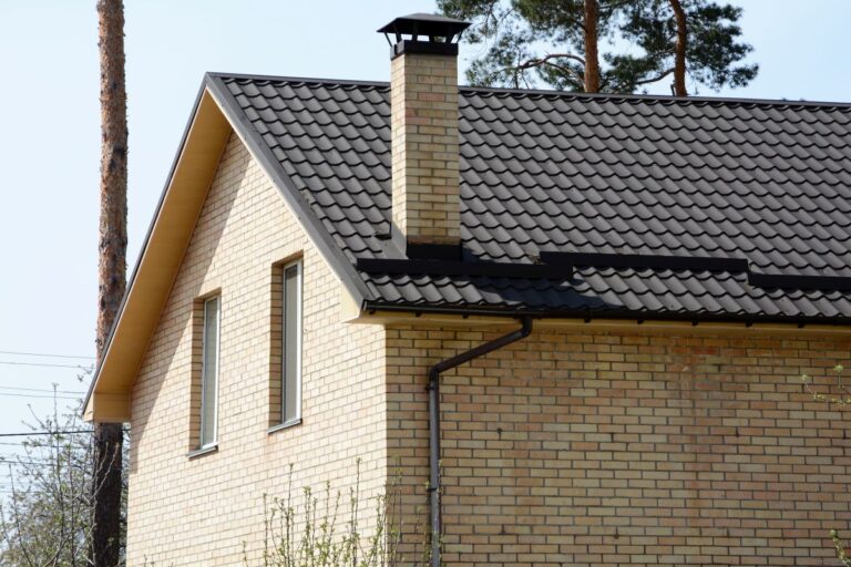 metal roof accents brown tiles orange brick wall